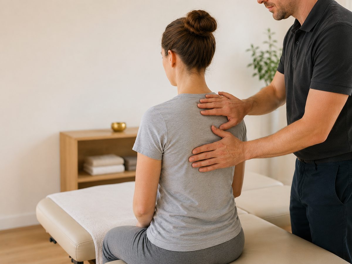 Behandler legt beide Hände auf den oberen Rücken einer sitzenden, bekleideten Patientin in einem hellen Behandlungsraum
